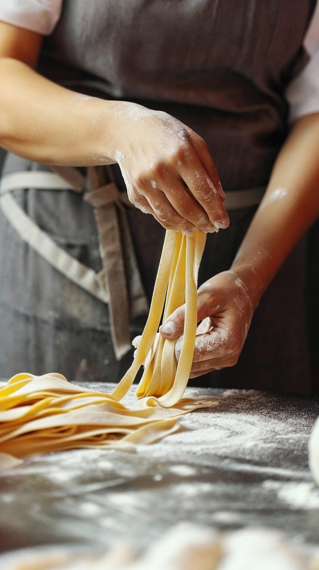 Hands preparing pasta in a small kitchen workshop